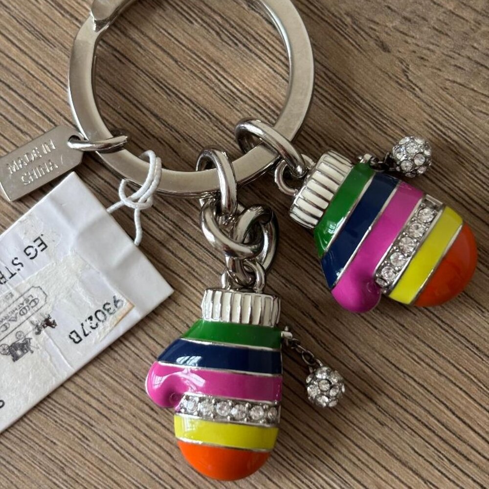 NWT Coach 93027 Multicolor Legacy Stripe Pave Crystal Mittens Key Ring Bag Charm - Picture 4 of 4